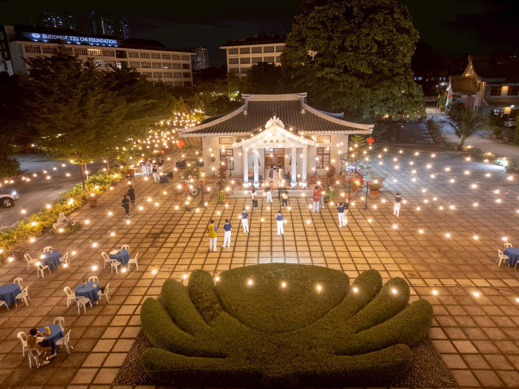 Warm lights illuminate the Jing Si Abode on the eve of the Lunar New Year. 