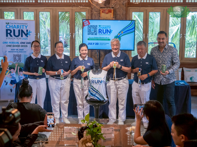(From left) Tzu Chi Deputy CEO Peggy Sy Jiang, Communications Head Judy Lao, Education Committee Head Rosa So, CEO Henry Yuñez, Volunteer Commissioner Johnny Kwok, and Runrio Managing Director Andrew Neri pose for a photo after the successful media launch.