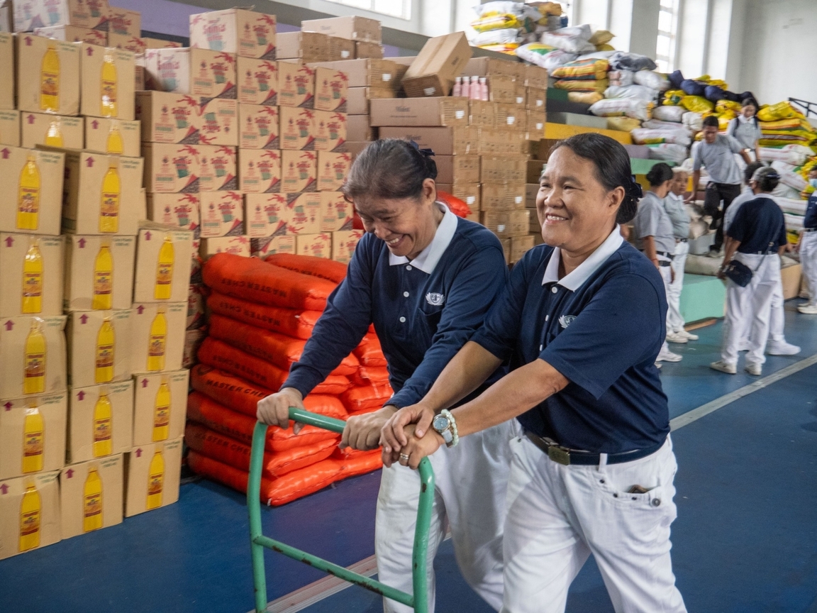 Despite the challenge of bringing in many heavy boxes and sacks of relief items, volunteers always wear a happy face. 