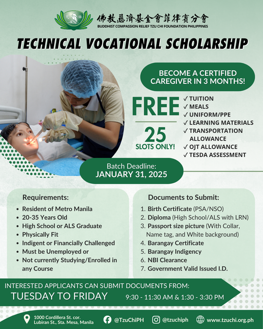 Tzu Chi Foundation Philippines is currently accepting applicants for its upcoming caregiving course. Applications are open until January 31, 2025.