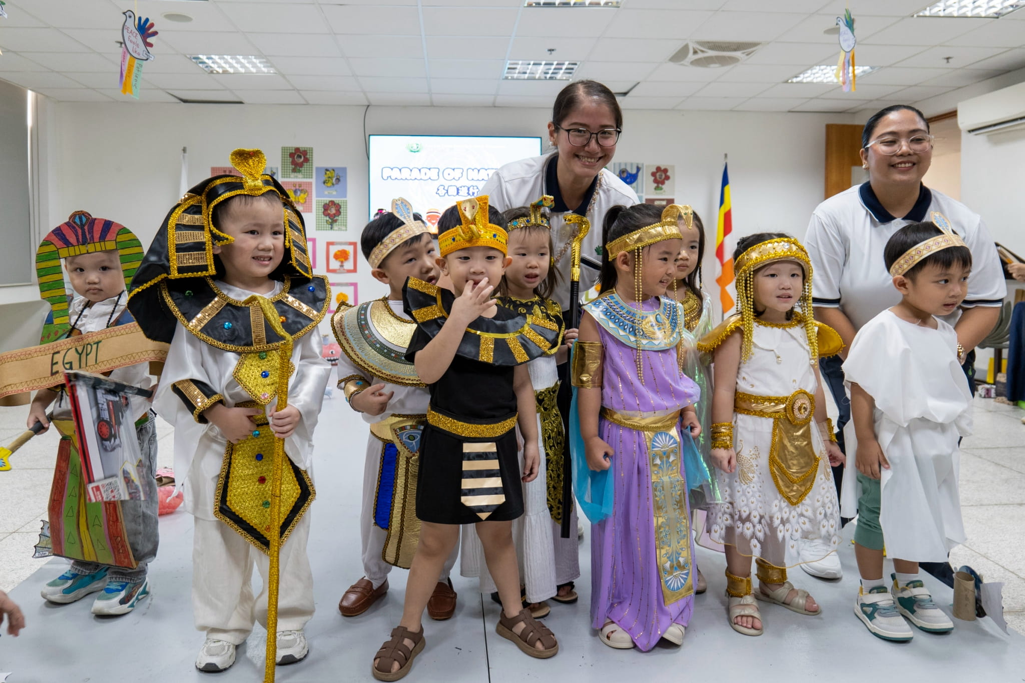 The gods, goddesses, and pharaohs of senior nursery grace the stage as they represent Egypt in their stunning costumes.