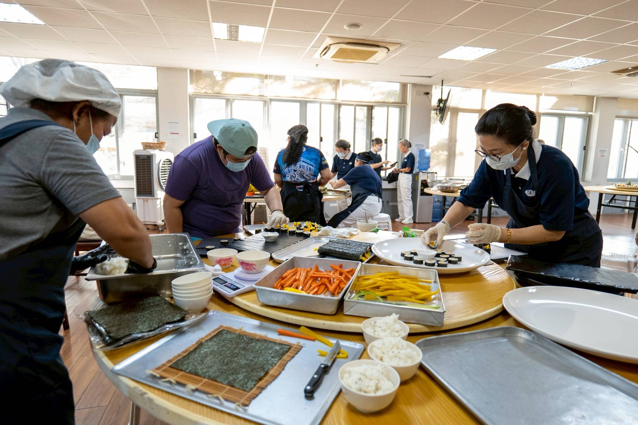 Tables at the Harmony Hall were used for food preparations. 