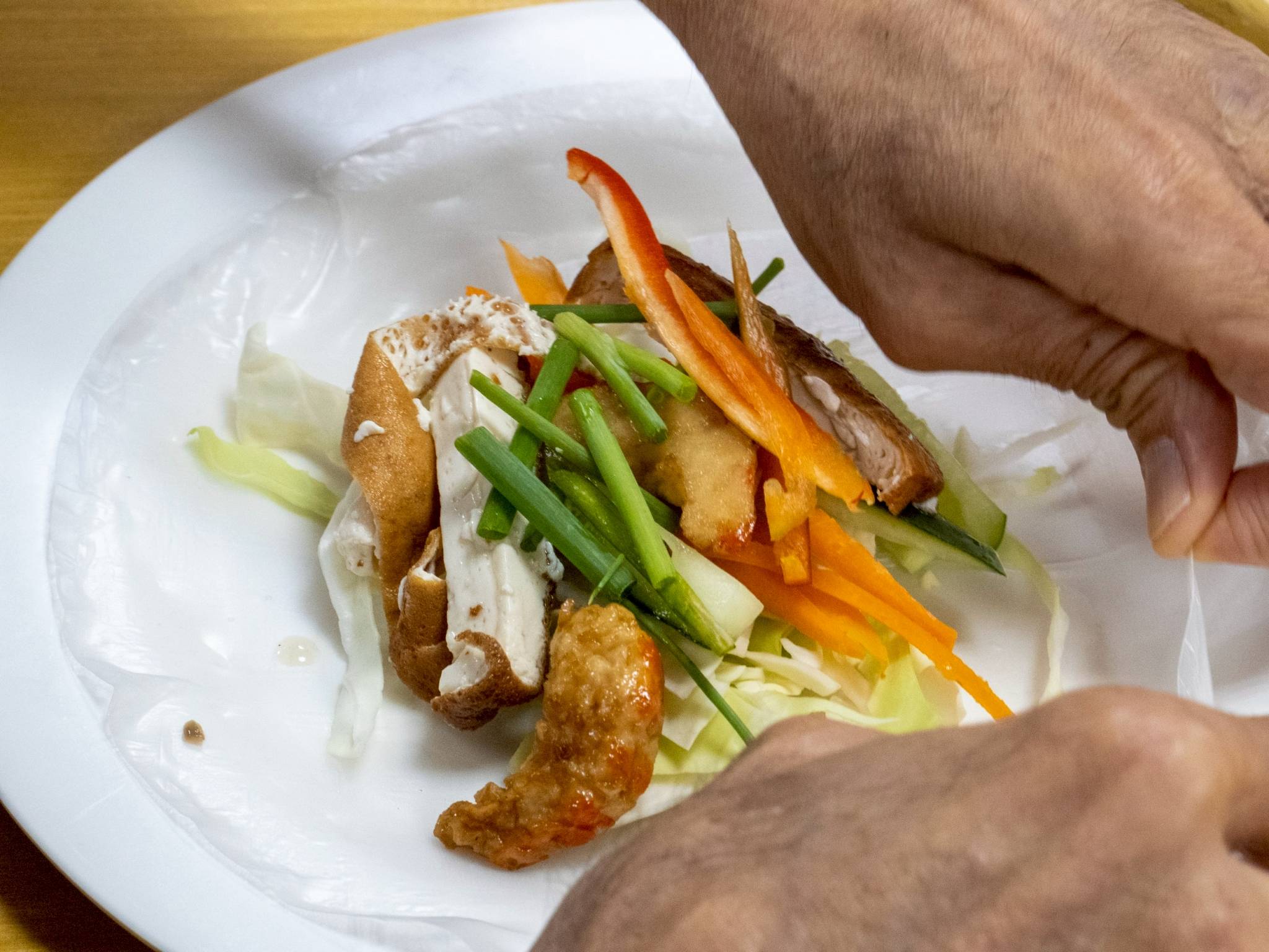 Campers’ plant-based fresh spring roll include slices of tofu and a vegetarian version of shrimp. 