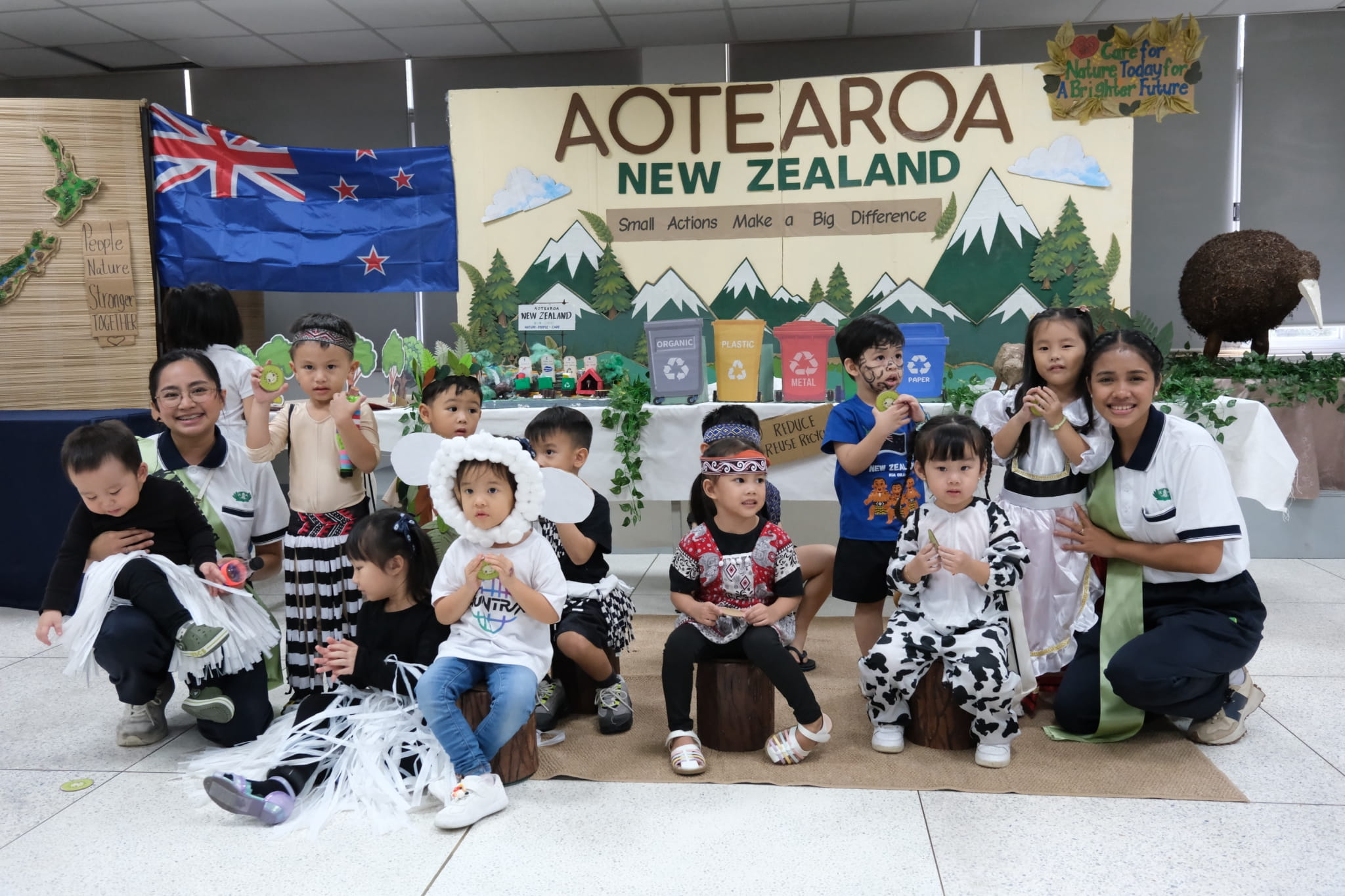 Welcome to New Zealand’s booth, featuring nature-inspired displays and the kiwi, the country’s iconic national bird!