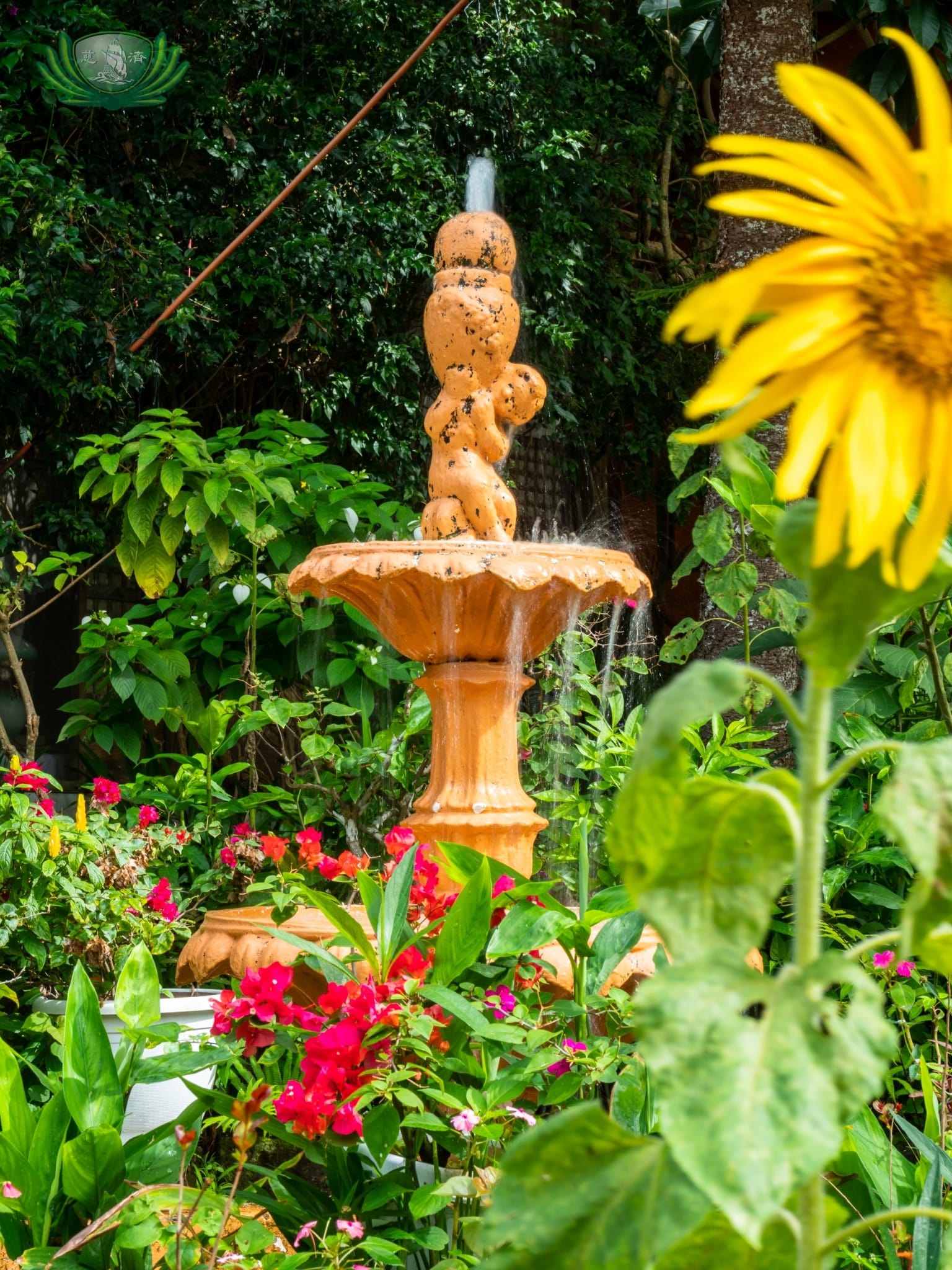 A water fountain in one of Sonya's many beautiful flower gardens.【Photo by Daniel Lazar】