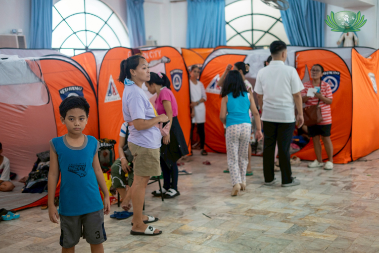 Families temporarily reside in these tents set up on the second floor of the parish office.