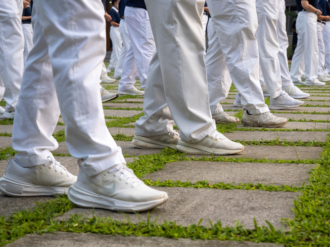 The walking meditation involves slow, measured steps.
