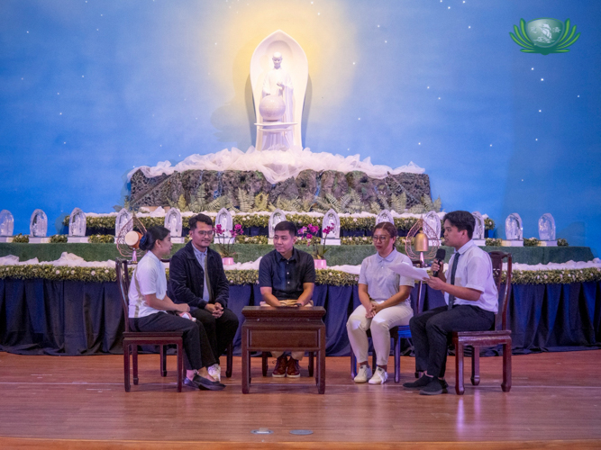 In a segment on Tzu Chi alumni, (from left) Shekinah Salazar, Johniel Tuando, Jamil Carvajal, Jhoy Sarmiento, and Mark Vincent Dayang share lessons from the foundation that continue to influence their lives. 