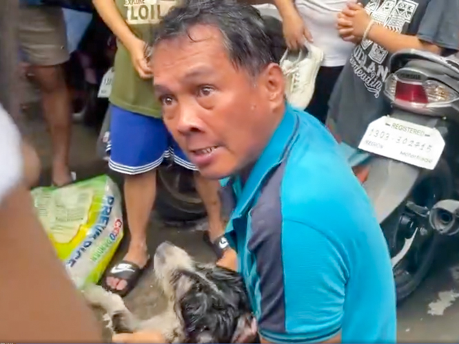 In a now viral video, Rolino Abijay is seen cradling one of three dogs that were trapped in his home during the blaze. The fishball vendor tried to revive his dogs through cardiopulmonary resuscitation but it was too late. 【Screen grab from ABS-CBN】