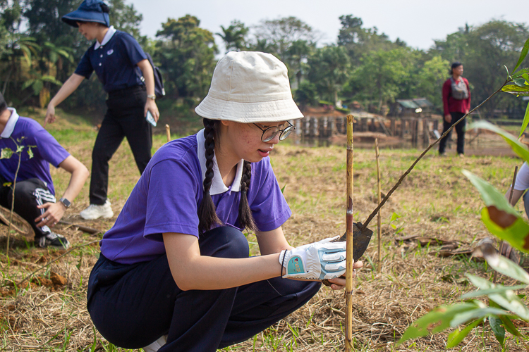 A Tzu Chi Youth volunteer carefully plants a tree seedling, following the instructions given by the forest ranger. 【Photo by Marella Saldonido】