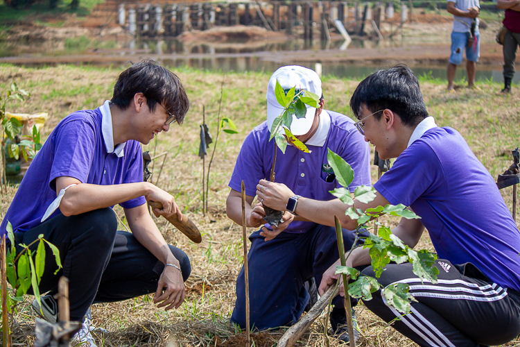 Tzu Chi Youth volunteers cheerfully work together in planting the tree seedlings. 【Photo by Marella Saldonido】