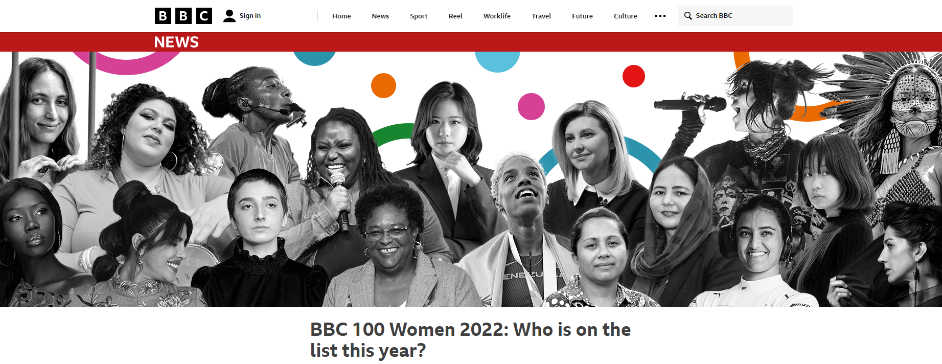 Screenshot of BBC’s report on 100 Women for 2022. Link: https://www.bbc.co.uk/news/resources/idt-75af095e-21f7-41b0-9c5f-a96a5e0615c1