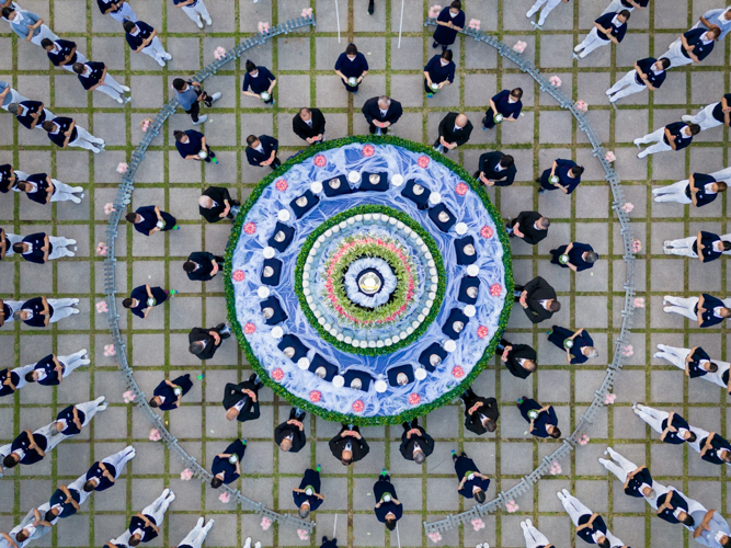 Aerial shot of the Buddha Bathing Ceremony for the 3-in-1 celebration of Buddha Day, Mother’s Day, and Tzu Chi Day on May 14, 2023 at the Buddhist Tzu Chi Campus in Sta. Mesa, Manila. 【Photo by Daniel Lazar】