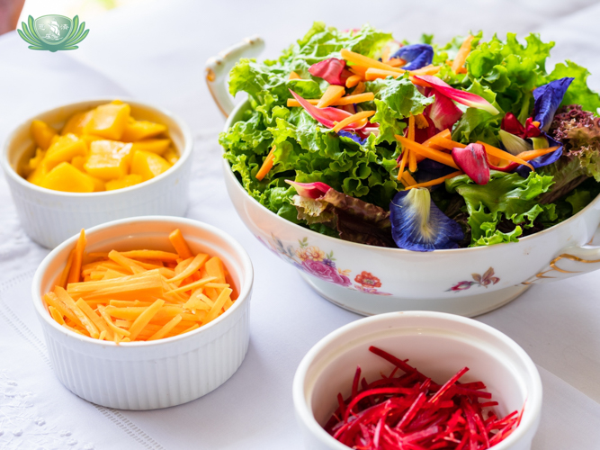 Sonya’s classic starter is the Garden Green Salad, made with freshly-picked and organically-grown ingredients from Sonya’s greenhouses. 【Photo by Daniel Lazar】