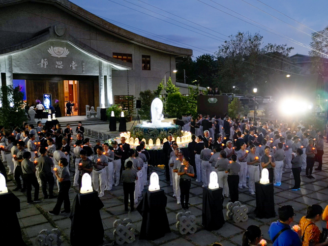 Mindfully and slowly, attendees partake in a walking meditation.